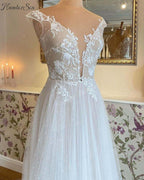 A Line Mariage Vestidos Wedding Dress Deep V Neck Lace Floral Applique Cap Sleeve Boho Wedding Gown trajes de novias largos