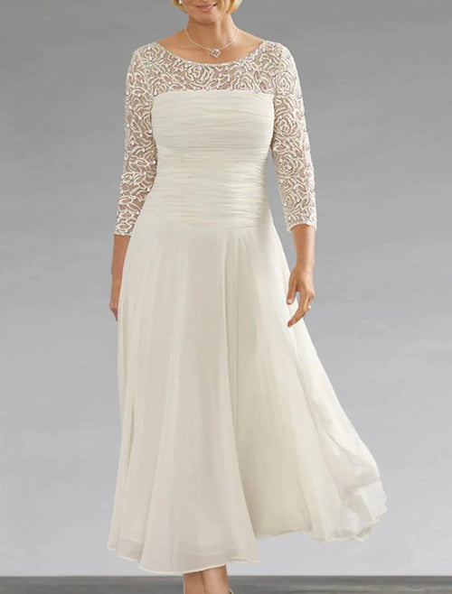 A-Line Mother of the Bride Dress Fall Wedding Guest Elegant Jewel Neck Ankle Length Chiffon Lace 3/4 Length Sleeve with Sequin