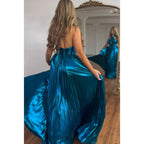 A-line Navy Blue Satin Criss Cross Halter Long Prom Dress Evening Gowns