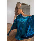 A-line Navy Blue Satin Criss Cross Halter Long Prom Dress Evening Gowns