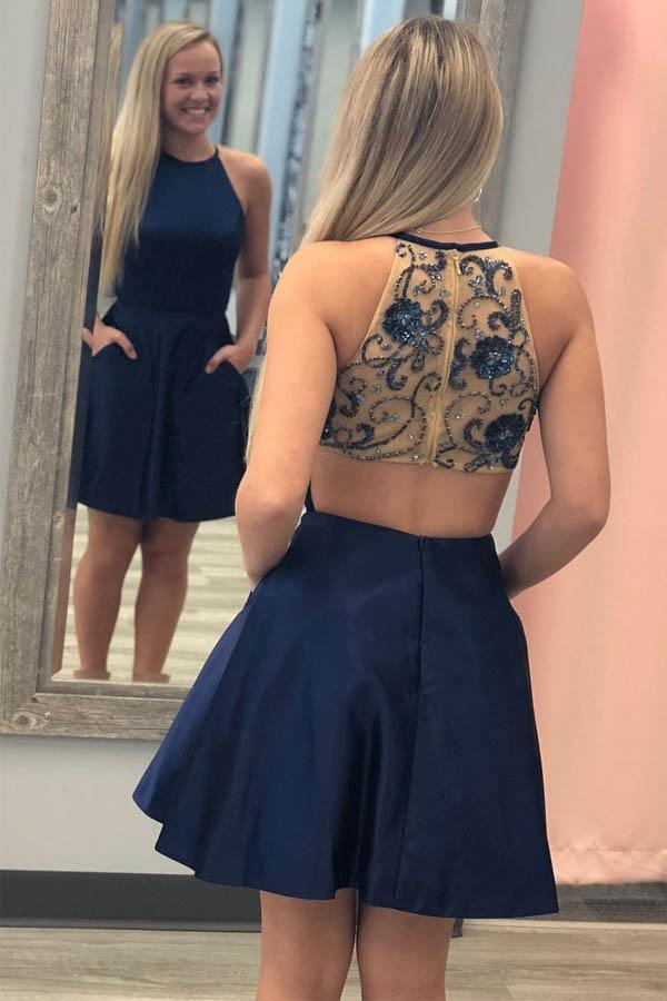 A-line Short Prom Dress Homecoming Dress with Beaded Back