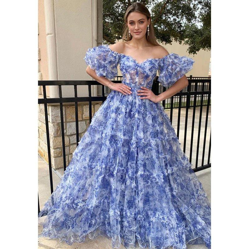 A-line Off-shoulder Ball Gown Tulle Printing Long Prom Dress Evening Gowns