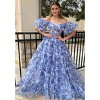 A-line Off-shoulder Ball Gown Tulle Printing Long Prom Dress Evening Gowns