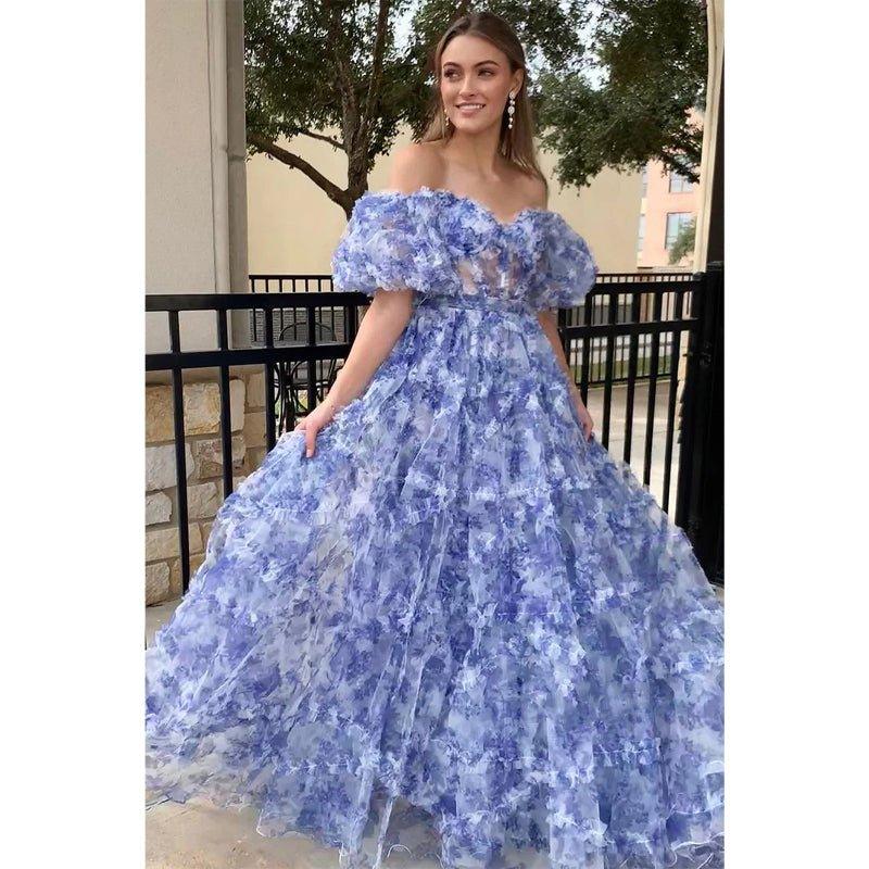 A-line Off-shoulder Ball Gown Tulle Printing Long Prom Dress Evening Gowns