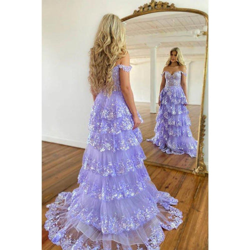 A Line Off Shoulder Lace Tiered Prom Dress with Slit Long Homecoming Dress