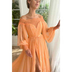 A Line Off Shoulder Long Sleeves Elegant Prom Party Dress with Slit