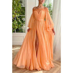 A Line Off Shoulder Long Sleeves Elegant Prom Party Dress with Slit