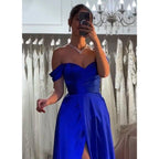 A-line Off-shoulder Satin Long Prom Dress with Split Evening Gowns