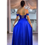 A-line Off-shoulder Satin Long Prom Dress with Split Evening Gowns