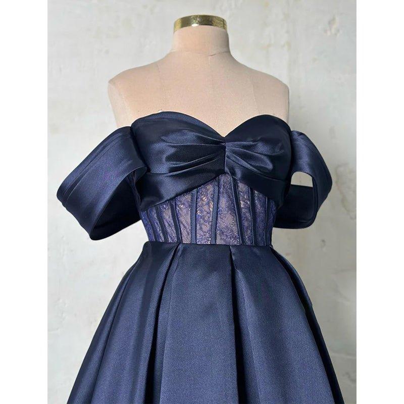 A-line Off-shoulder Satin Sheer Lace Long Prom Formal Dress