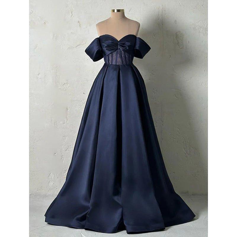 A-line Off-shoulder Satin Sheer Lace Long Prom Formal Dress