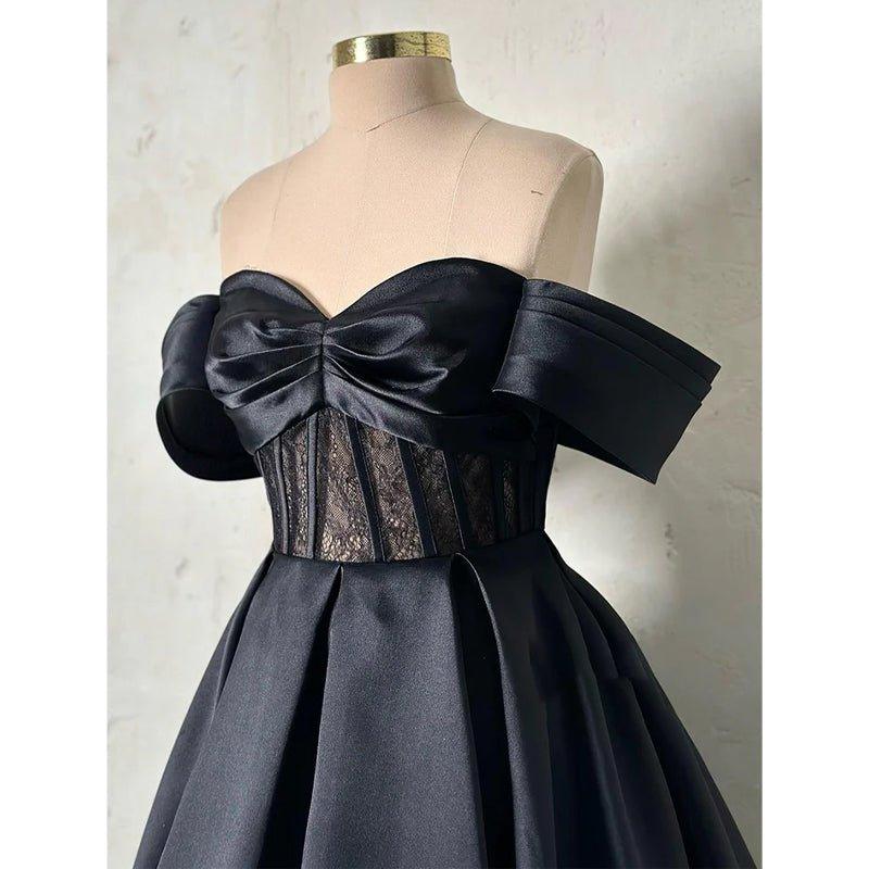 A-line Off-shoulder Satin Sheer Lace Long Prom Formal Dress