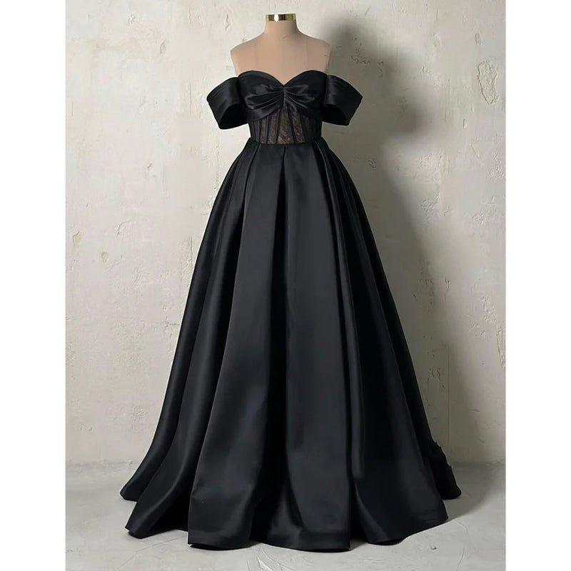 A-line Off-shoulder Satin Sheer Lace Long Prom Formal Dress