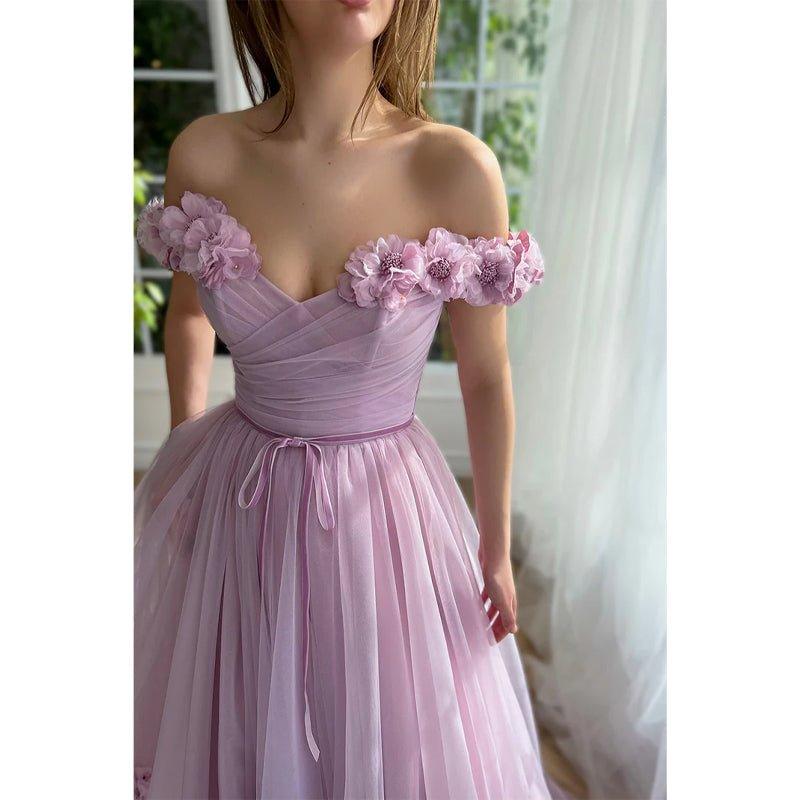 A Line Off The Shoulder 3d Flowers Long Prom Dress with Split