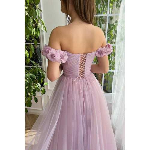 A Line Off The Shoulder 3d Flowers Long Prom Dress with Split