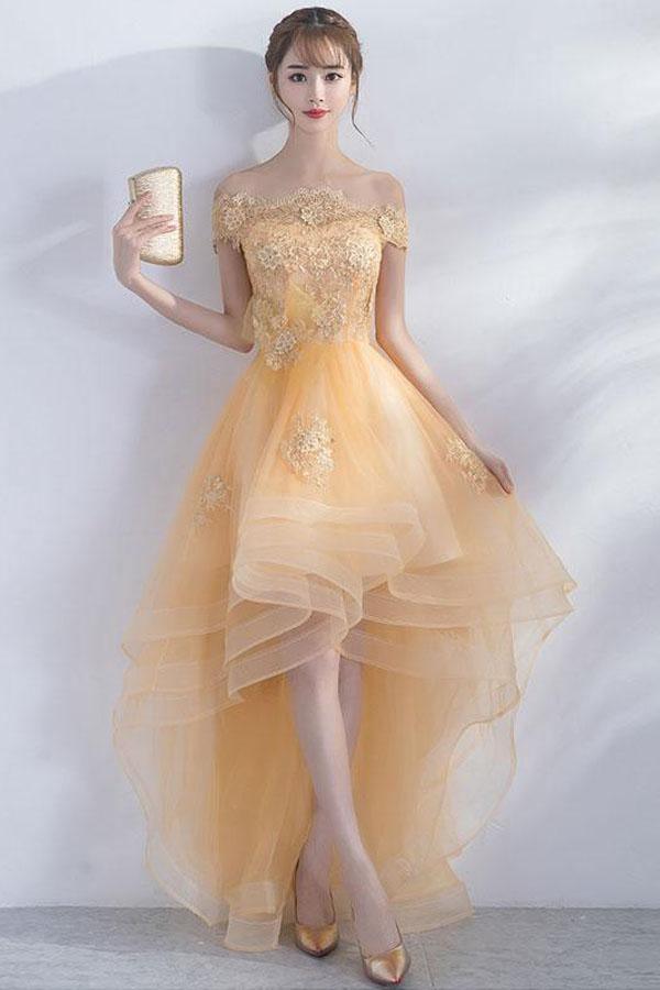 A-line Off The Shoulder High Low Tulle Homecoming Dresses