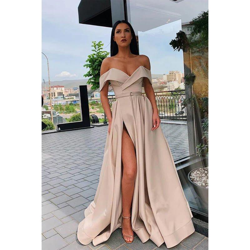 A-line Off-the-shoulder High Split Long Prom Dress with Pockets