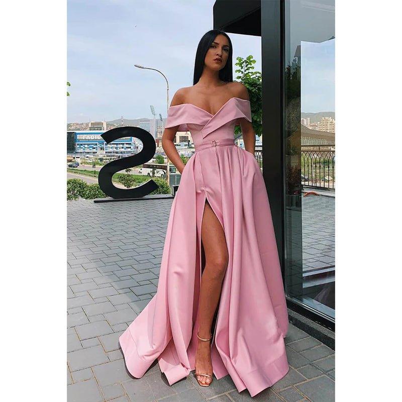 A-line Off-the-shoulder High Split Long Prom Dress with Pockets