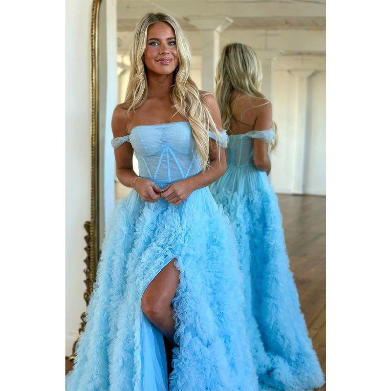 A Line Off The Shoulder Ruffles Side Slit Long Prom Dress