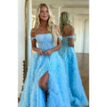 A Line Off The Shoulder Ruffles Side Slit Long Prom Dress