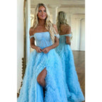 A Line Off The Shoulder Ruffles Side Slit Long Prom Dress