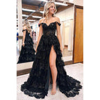 A Line Off The Shoulder Tiered Black Sparkly Long Prom Dress with Slit