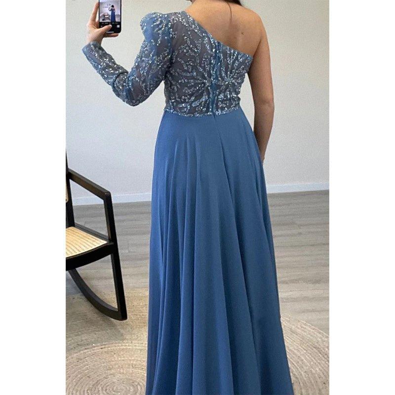 A-line One Shoulder Beaded Long Sleeves Formal Evening Dress with Train