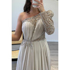 A-line One Shoulder Beaded Long Sleeves Formal Evening Dress with Train