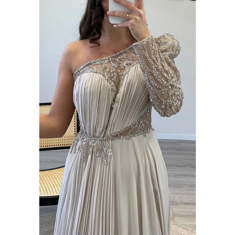 A-line One Shoulder Beaded Long Sleeves Formal Evening Dress with Train