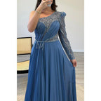 A-line One Shoulder Beaded Long Sleeves Formal Evening Dress with Train