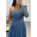 A-line One Shoulder Beaded Long Sleeves Formal Evening Dress with Train