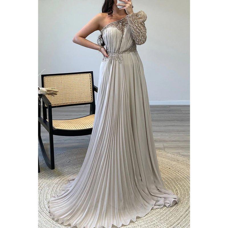 A-line One Shoulder Beaded Long Sleeves Formal Evening Dress with Train