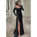A Line One Shoulder Beads Long Sleeves Formal Evening Dress