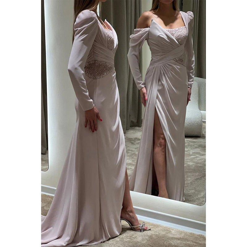 A Line One Shoulder Beads Long Sleeves Formal Evening Dress