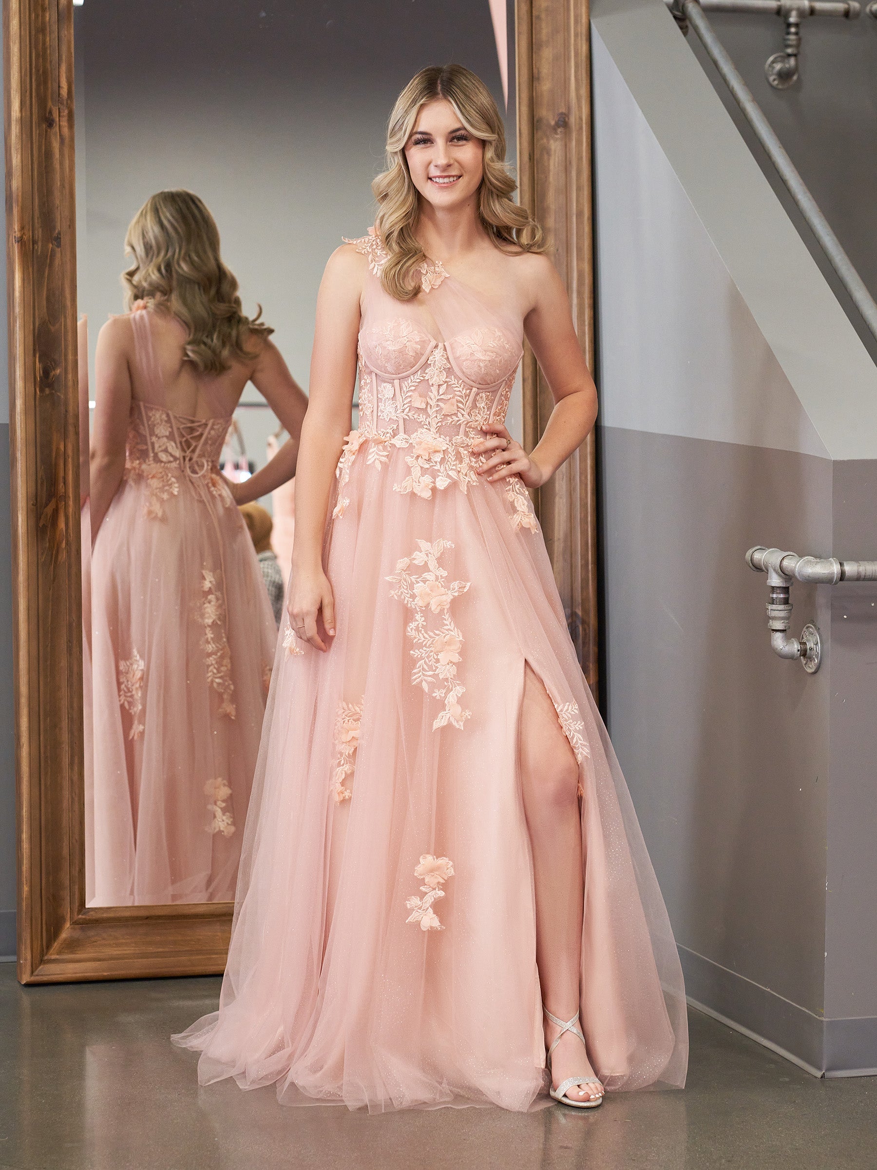 A Line One Shoulder Black Long Prom Dress with Appliques