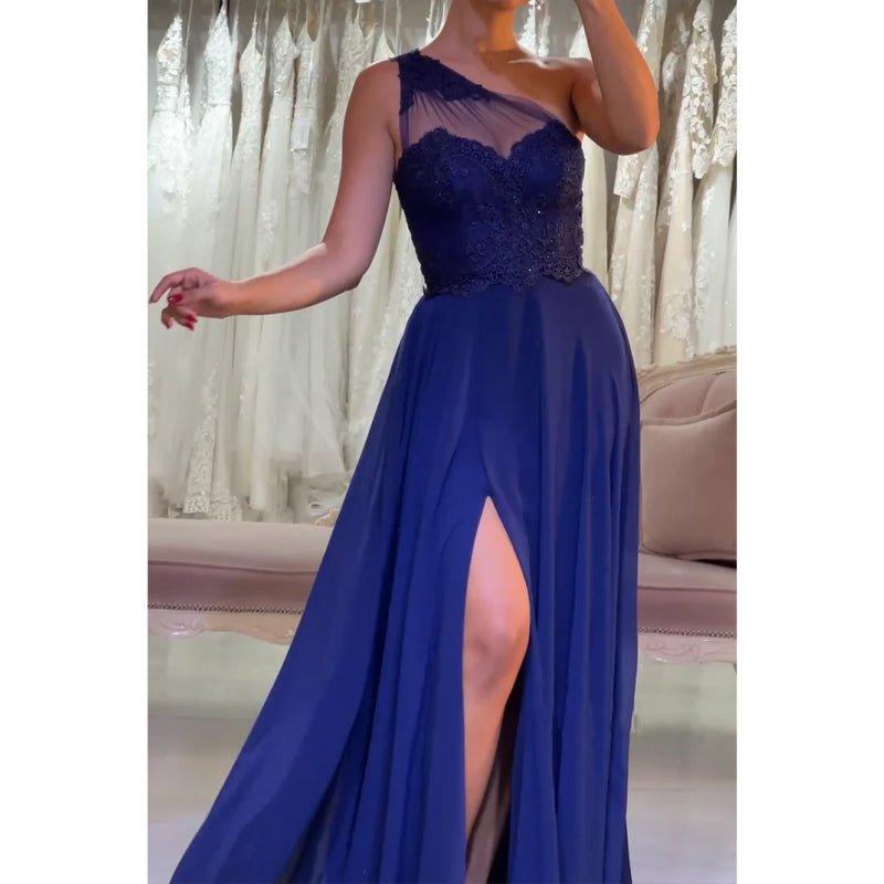 A-line One Shoulder Chiffon Lace Blue Long Prom Dress with Split Evening Gowns