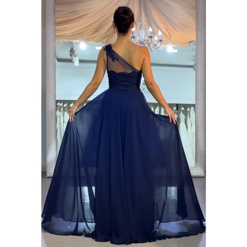 A-line One Shoulder Chiffon Lace Blue Long Prom Dress with Split Evening Gowns