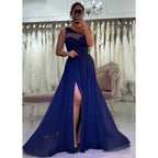 A-line One Shoulder Chiffon Lace Blue Long Prom Dress with Split Evening Gowns