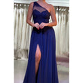 A-line One Shoulder Chiffon Lace Blue Long Prom Dress with Split Evening Gowns