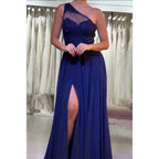 A-line One Shoulder Chiffon Lace Blue Long Prom Dress with Split Evening Gowns