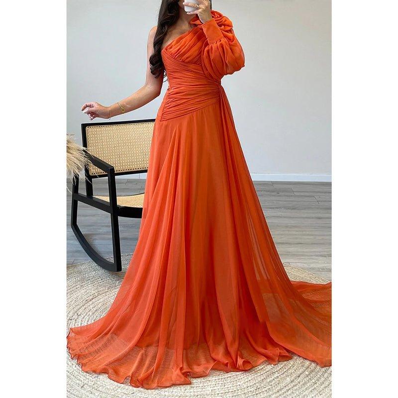 A-line One Shoulder Chiffon Pleast Long Prom Dress with Sweep Train