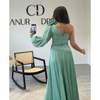 A-line One Shoulder Chiffon Pleast Long Prom Dress with Sweep Train