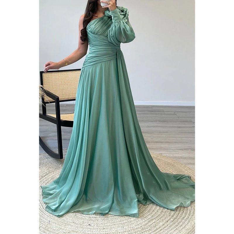 A-line One Shoulder Chiffon Pleast Long Prom Dress with Sweep Train