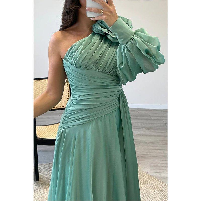 A-line One Shoulder Chiffon Pleast Long Prom Dress with Sweep Train