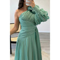 A-line One Shoulder Chiffon Pleast Long Prom Dress with Sweep Train