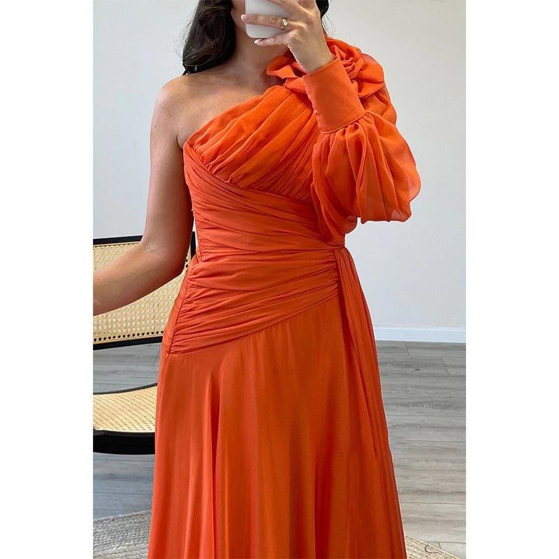 A-line One Shoulder Chiffon Pleast Long Prom Dress with Sweep Train