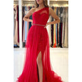 A Line One Shoulder Lace Appliques Red Long Prom Formal Gowns with Slit