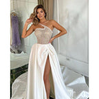 A Line One Shoulder Sexy High Split Long Formal Evening Gowns