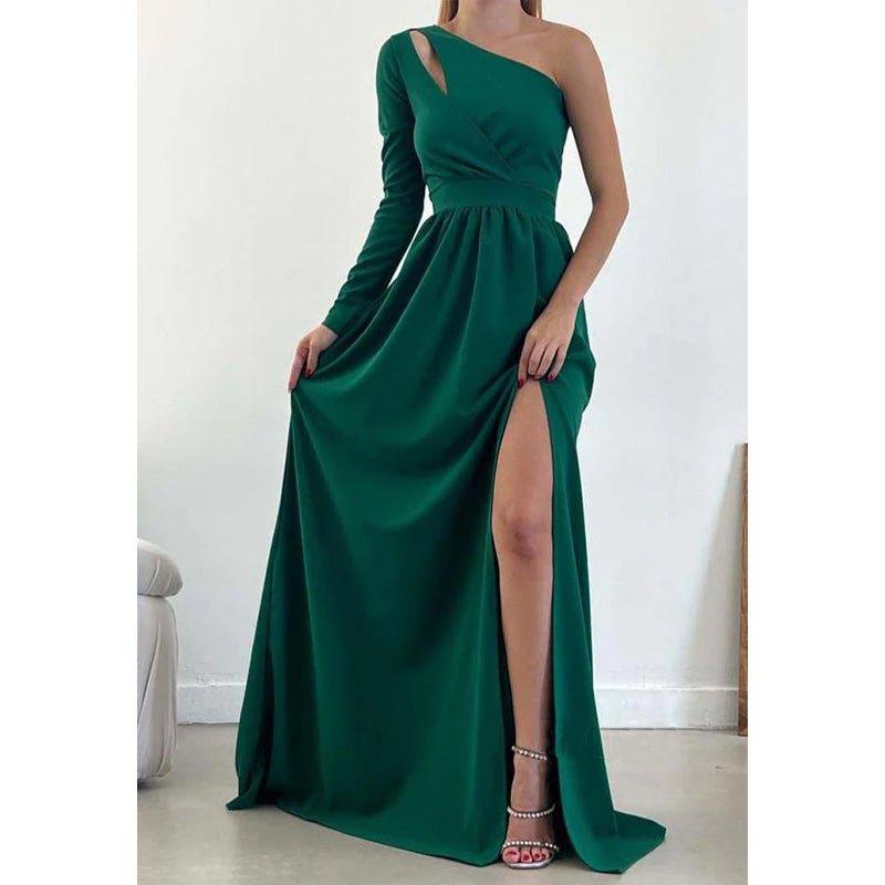 A-line One Shoulder Waist Long Sleeves Slit Prom Party Dress Open Back