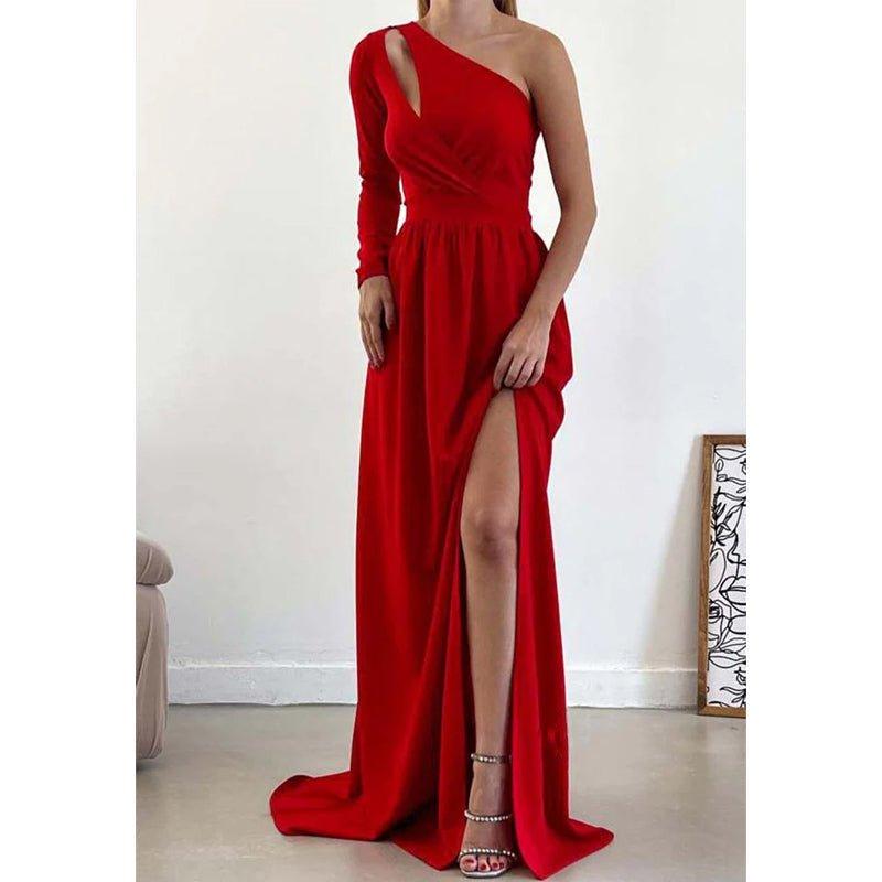 A-line One Shoulder Waist Long Sleeves Slit Prom Party Dress Open Back